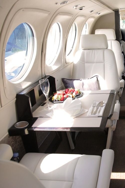 Luxurious private jet interior with white leather seating and fine dining service